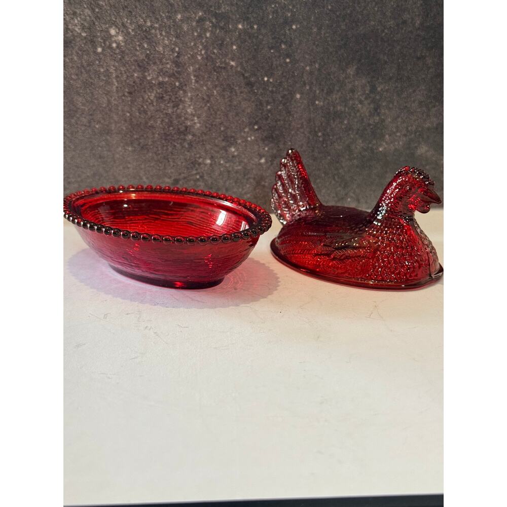 Vintage Ruby Red Glass Hen On Nest Covered  Dish Beaded Rim 5 Inch - Picture 8 of 13